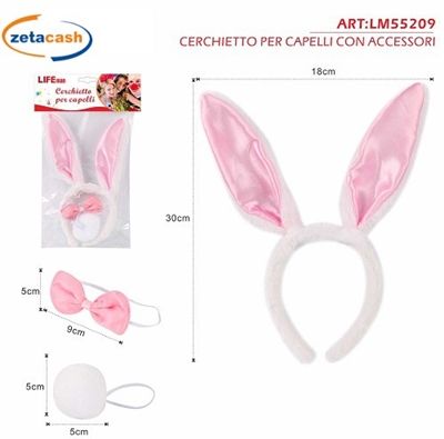 CERCHIETTO CAPELLI ORECCHIE CONIGLIO CON CODA PAPILLON ROSA