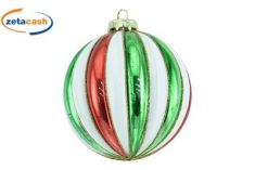 SFERA IN VETRO A SPICCHI BIANCO ROSSA VERDE CON GLITTER 10CM